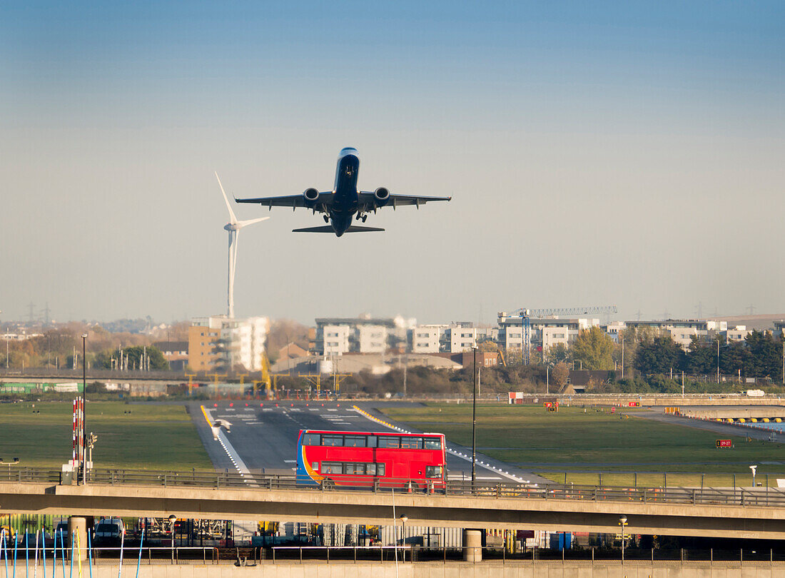 City Airport, Airbus A321 take off, London, England, United Kingdom, Europe