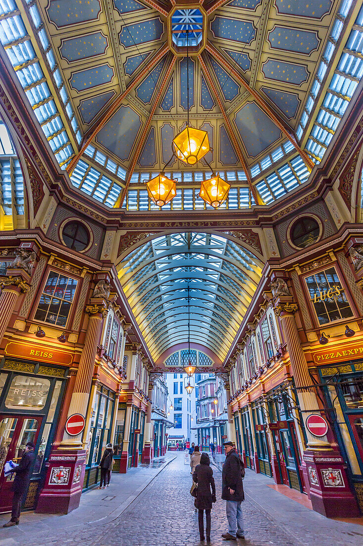 Fisheye view of interior of Leadenhall Market, The City, London, England, United Kingdom, Europe