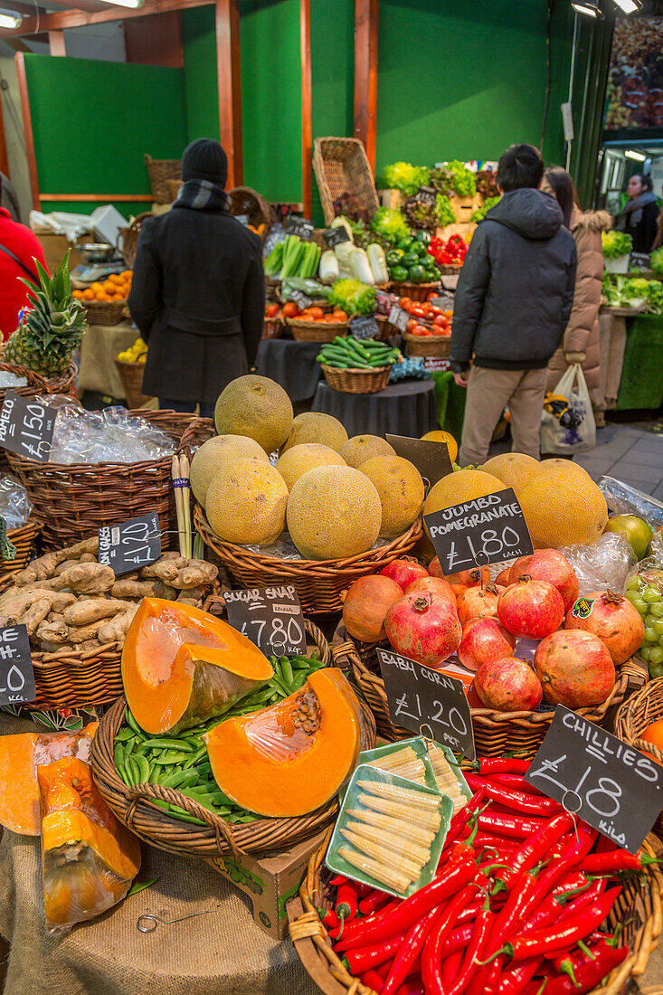 Fruit and vegetables stall in Borough Market, Southwark, London, England, United Kingdom, Europe