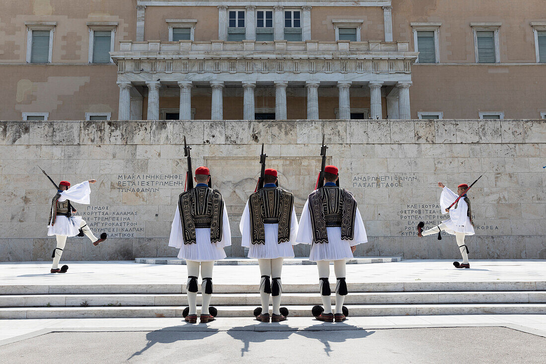 Changing of the Guard at the Tomb of the Unknown Soldier in Syntagma Square, Athens, Greece, Europe