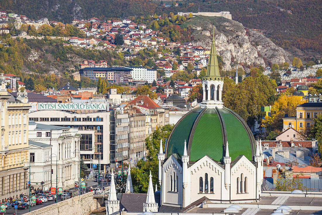 View of Bascarsija (The Old Quarter), on the banks of the Miljacka River, Sarajevo, Bosnia and Herzegovina, Europe