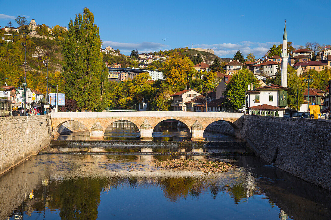 View towards Sehercehaja bridge, Sarajevo, Bosnia and Herzegovina, Europe
