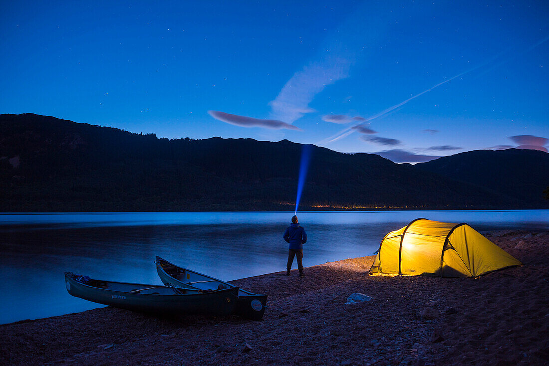 Camping at Loch Ness at night while canoeing the Caledonian Canal, Scottish Highlands, Scotland, United Kingdom, Europe