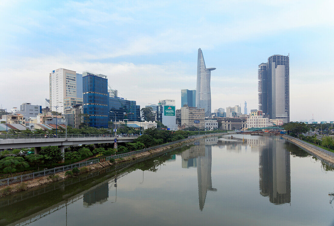 The view of the Bitexco Tower in Ho Chi Minh City (Saigon) centre and a canal off the Saigon River, Vietnam, Indochina, Southeast Asia, Asia