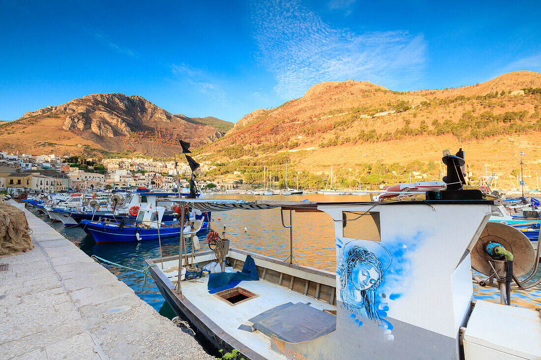 Fishing boats at the harbor, Castellammare del Golfo, province of Trapani, Sicily, Italy, Mediterranean, Europe