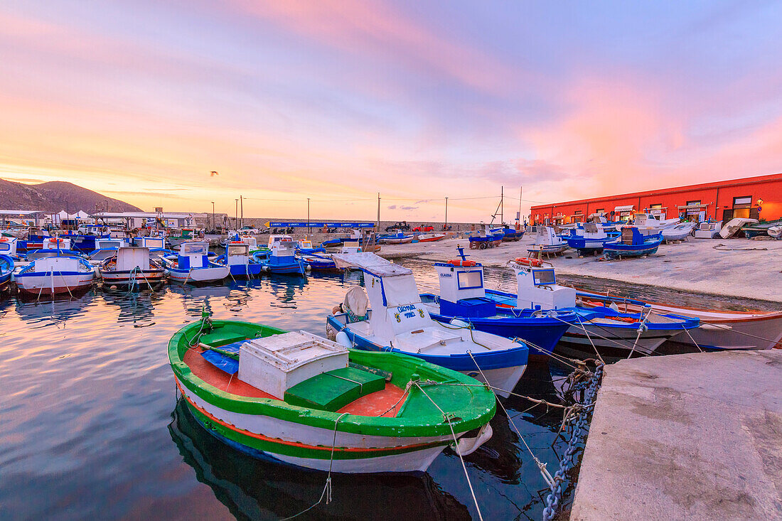 Fishing boats at the harbor, Favignana island, Aegadian Islands, province of Trapani, Sicily, Italy, Mediterranean, Europe