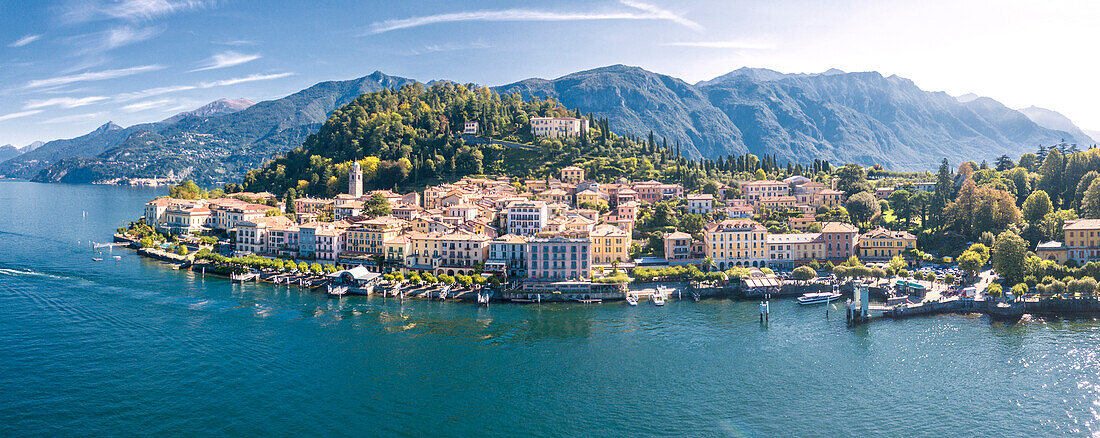 Panoramic aerial view of Bellagio on green promontory on the shore of Lake Como, Province of Como, Lombardy, Italian Lakes, Italy, Europe (Drone)