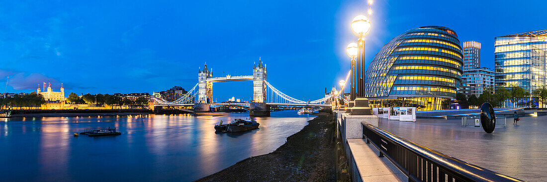 Tower Bridge, Tower of London and City Hall at night, Southwark, London, England, United Kingdom, Europe