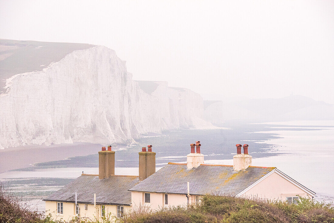 Cuckmere Haven and the Seven Sisters chalk cliffs on a misty day, South Downs National Park, East Sussex, England, United Kingdom, Europe
