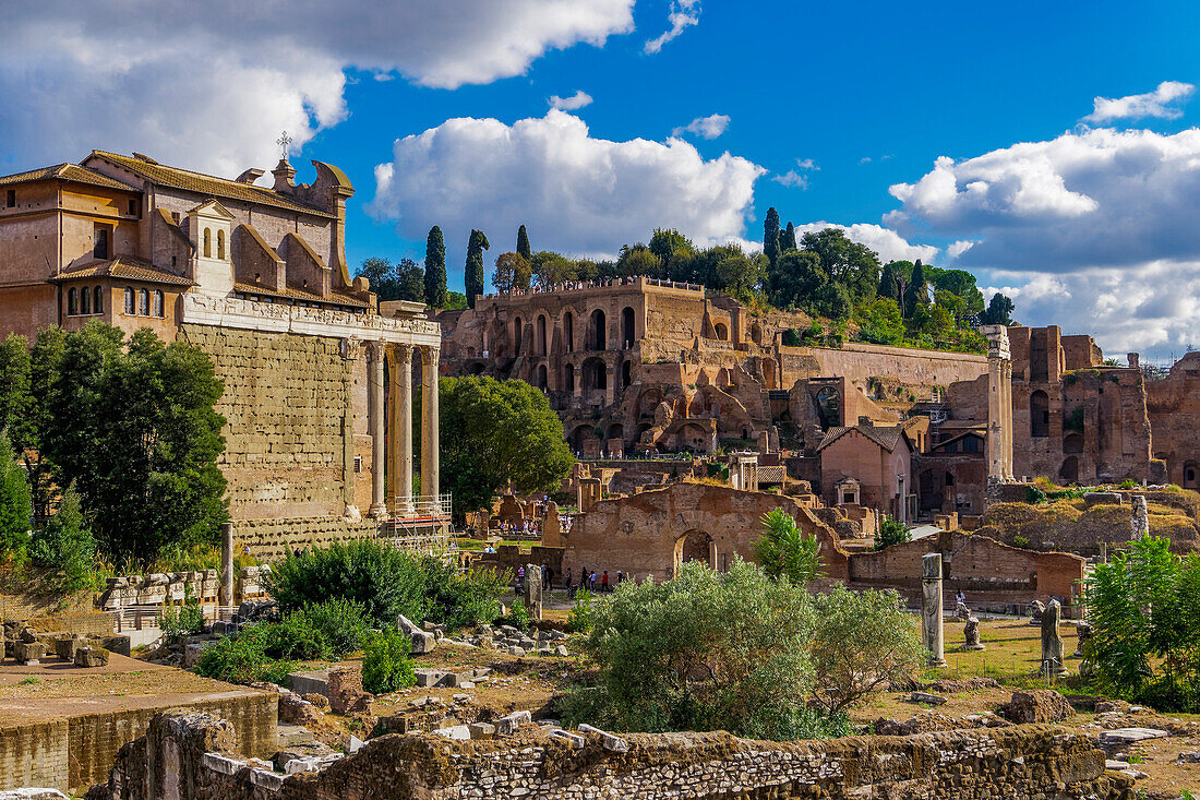 Panoramic view of surviving structures and ancient ruins in the Roman Forum, UNESCO World Heritage Site, Rome, Lazio, Italy, Europe
