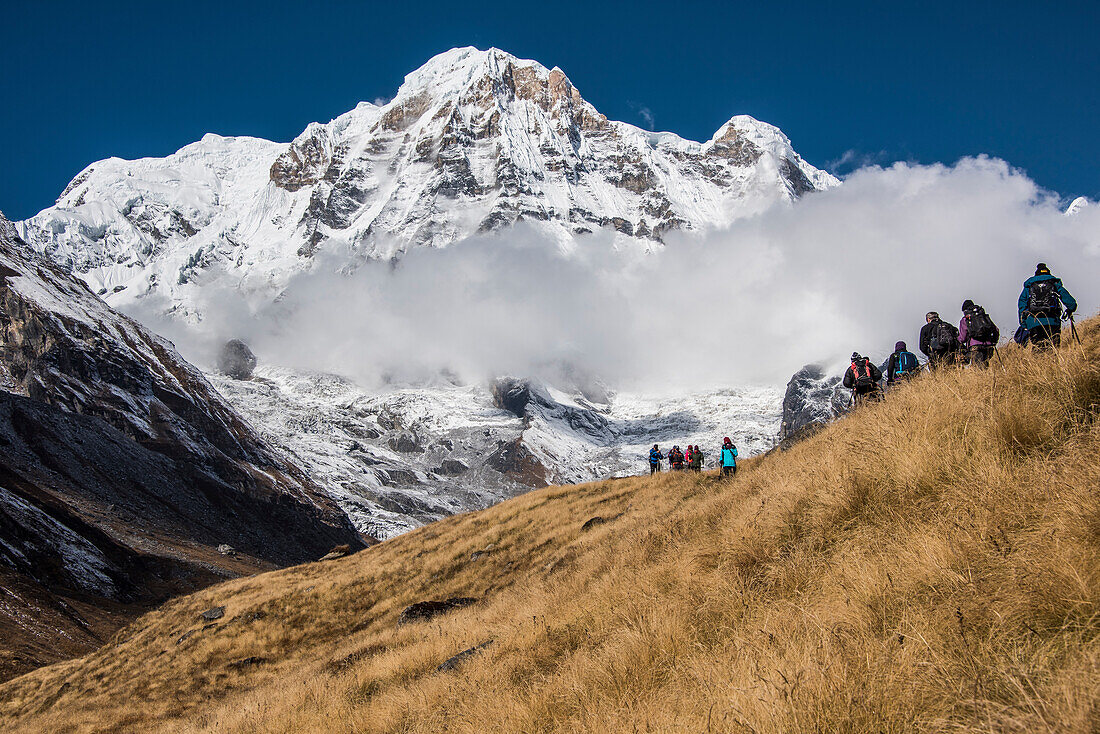 A group of Trekkers approaching Annapurna Base Camp, with Annapurna South looming large in the background, Himalayas, Nepal, Asia