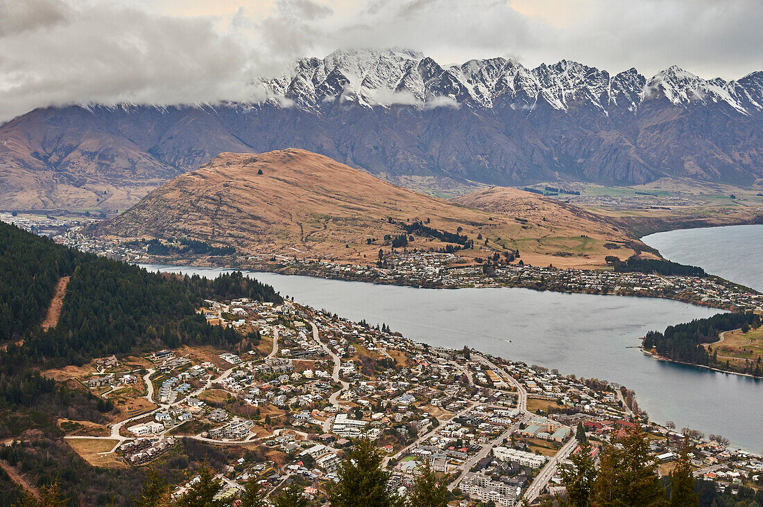 View over Queenstown, Lake Wakatipu and The Remarkables from Ben's Peak, Queenstown, Otago, South Island, New Zealand, Pacific
