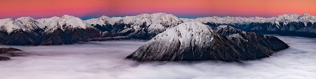 Clouds in valley, Waimakariri River, Mount Binser, Canterbury, South Island, New Zealand