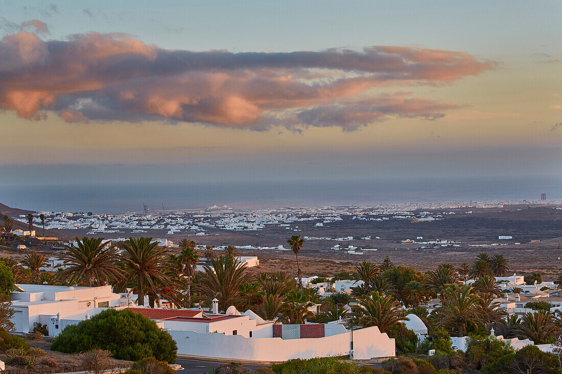 View from the museum Lagomar at Nazaret (Teguise) and Arrecife, Atlantic Ocean, Lanzarote, Canary Islands, Islas Canarias, Spain, Europe