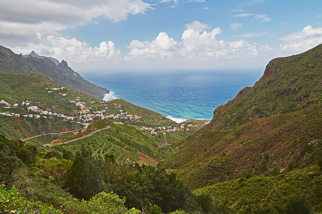 View across the Anaga mountains at Taganana and the sea, Tenerife, Canary Islands, Islas Canarias, Atlantic Ocean, Spain, Europe