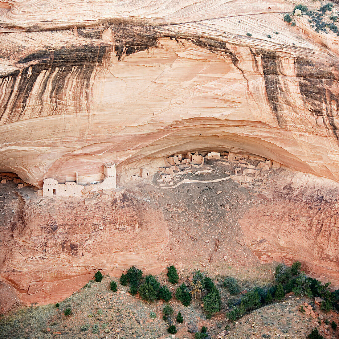 High angle view of the Mummy Cave ruins in the Canyon De Chelly National Monument, Arizona