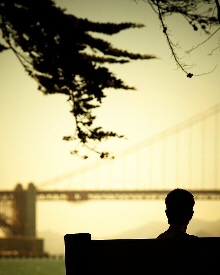 Rear view silhouette of a seated person, Golden Gate Bridge in the background. San Francisco, CA. (releasecode: rrk_mr1)