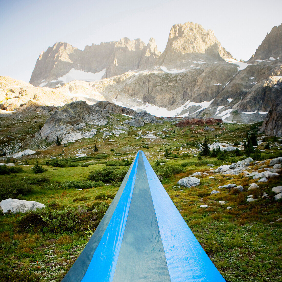 The top of a blue tent, pitched in a outdoor environment, Ansel Adams Wilderness Area, Sierra Nevada, CA. USA.
