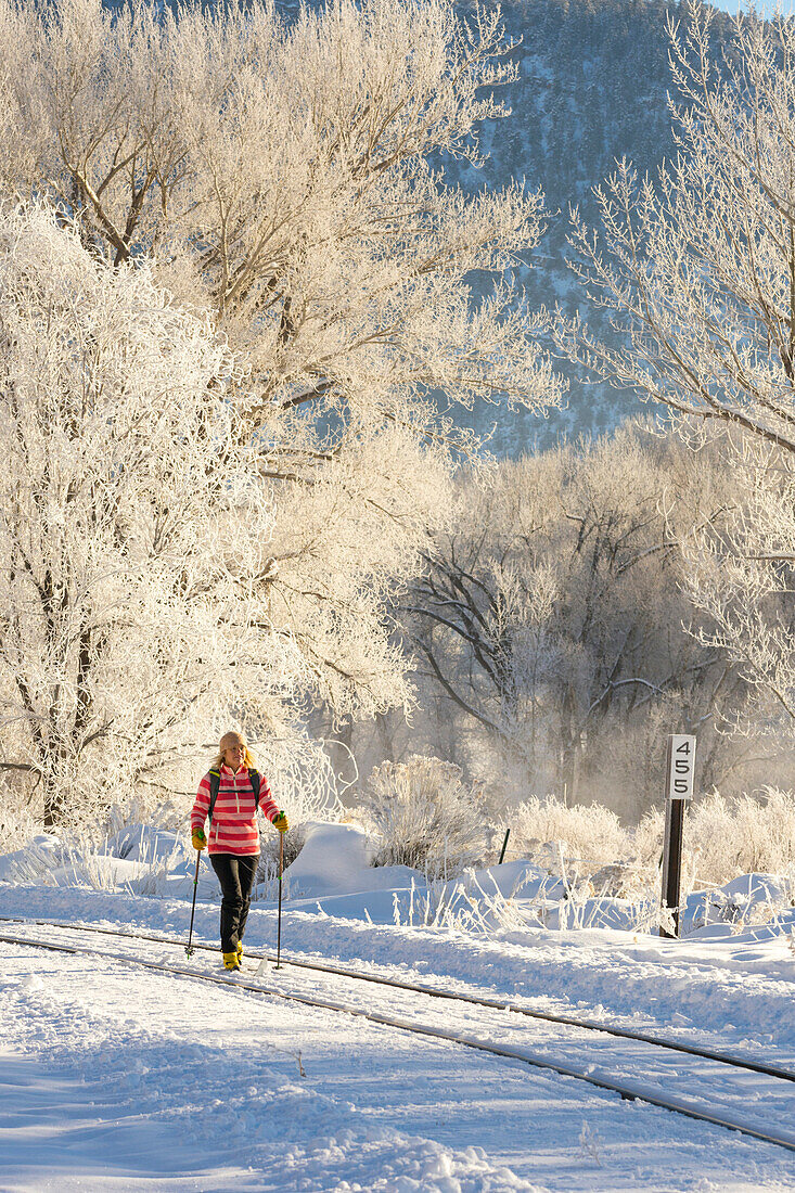 Woman cross country skiing on frosty morning along the Animas River, Durango, Colorado, USA