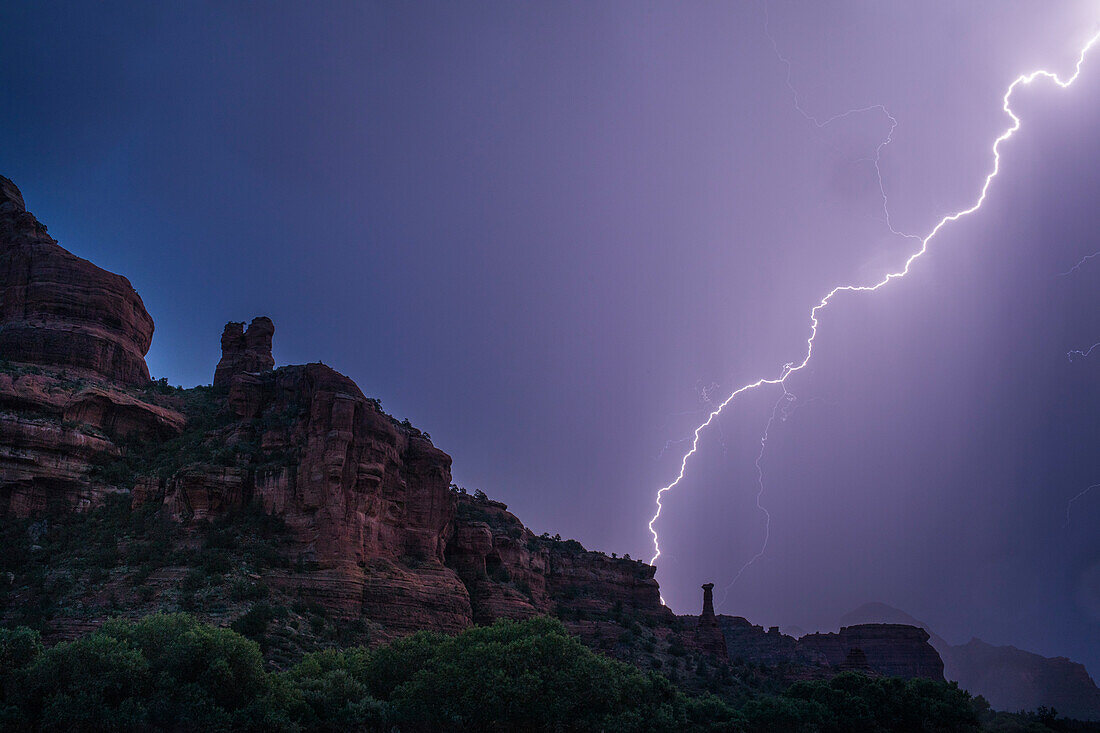 Lightning during rock formation monsoon, Sedona, Arizona, USA