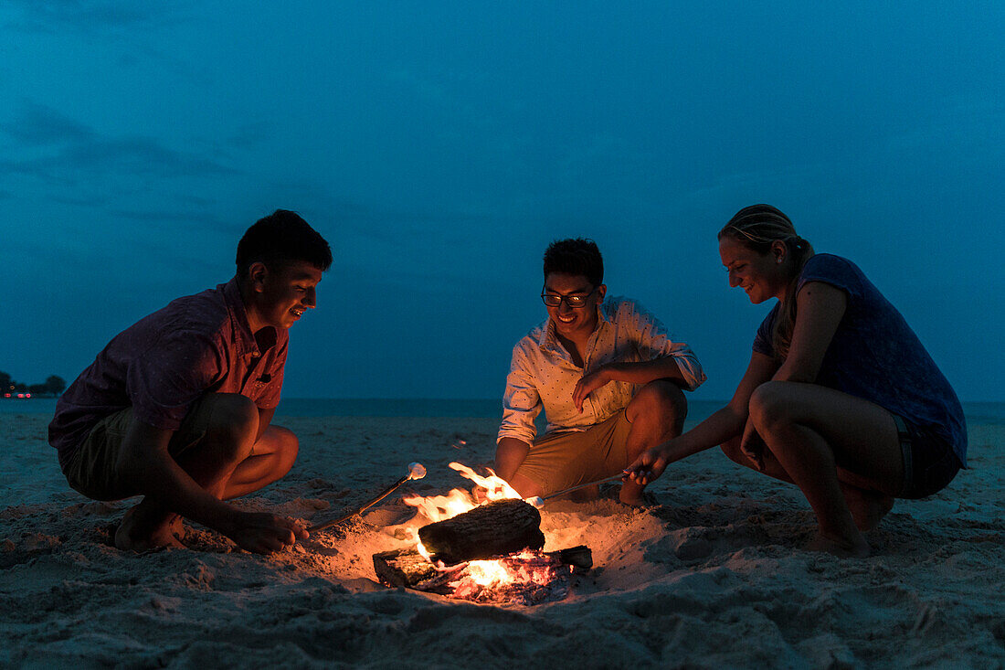Friends gathering around beach campfire to roasting marsh mallows on cool summer evening in Wisconsin, USA