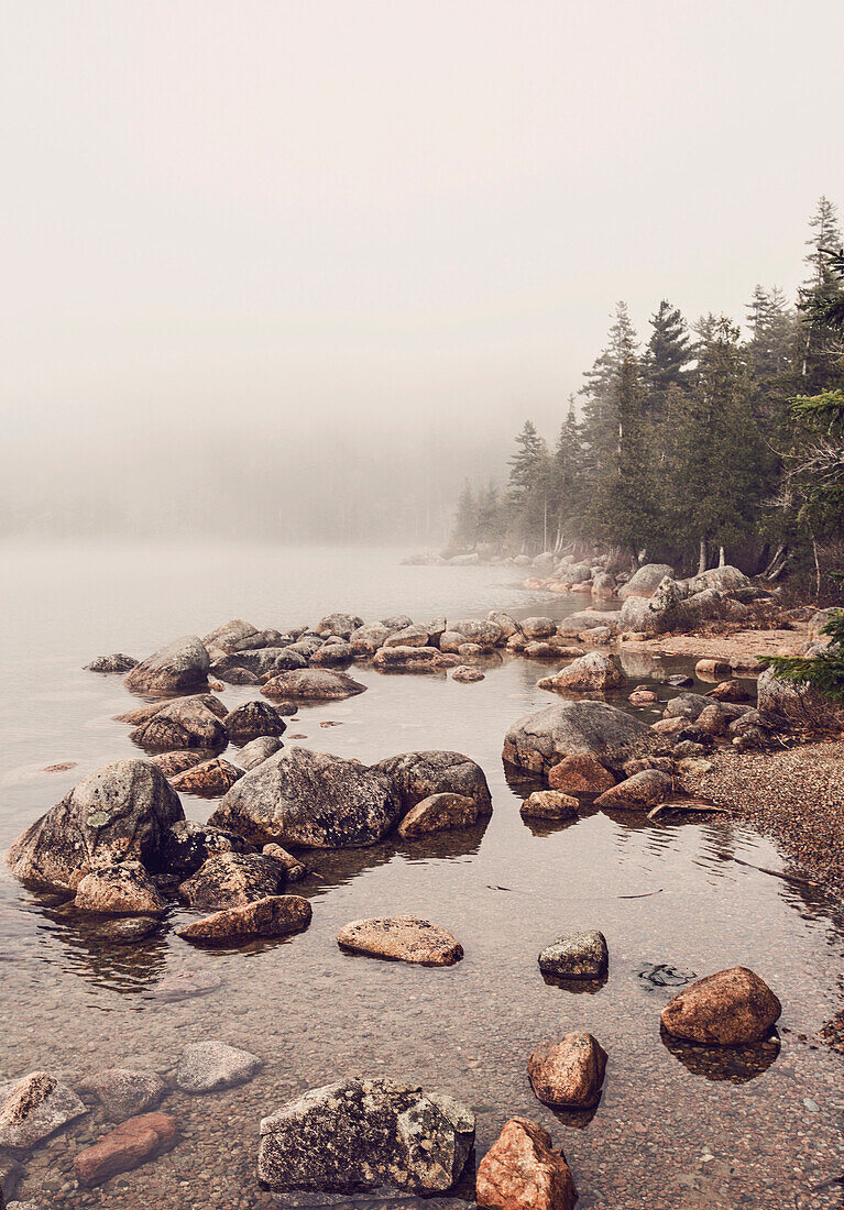 Jordan Pond in foggy weather, Acadia National Park, Maine, USA