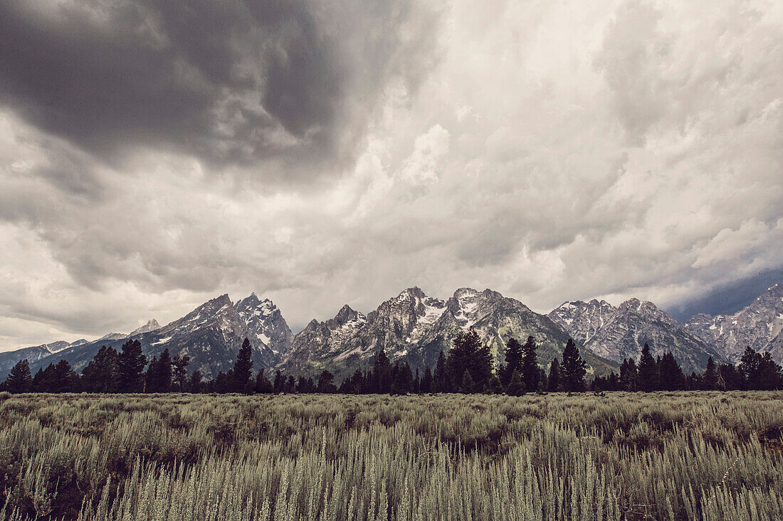 A summer thunder storm passes over the Tetons near Jackson Hole and Grand Teton National Park, Wyoming