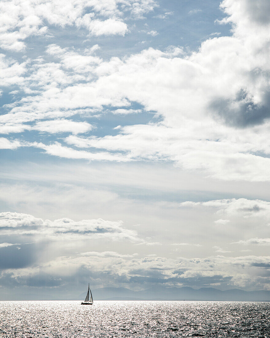 A single sail boat sails past Light House Park in West Vancouver, British Columbia on a beautiful late summer day. The mountains of Vancouver Island can be seen in the distance. Vancouver, British Columbia, Canada