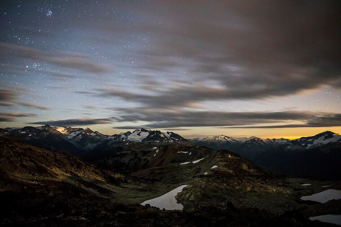 Scenery with mountains at night seen from Whistler Mountain, Garibaldi Provincial Park, Whistler, British Columbia, Canada