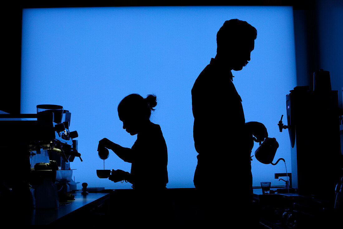 Silhouettes of baristas preparing coffee in coffee shop, Dean Street, Boerum Hill, Brooklyn, New York City, USA