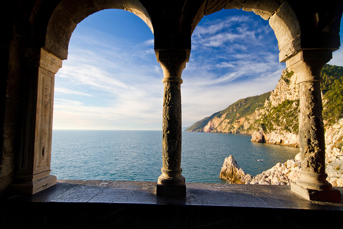 View of Cinque Terre cliffs from St. Peters church, Portovenere, UNESCO World Heritage Site, Liguria, Italy, Europe