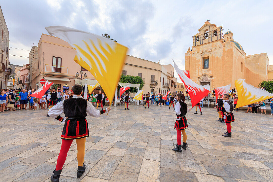 Traditional costumes and flags, Favignana island, Aegadian Islands, province of Trapani, Sicily, Italy, Europe