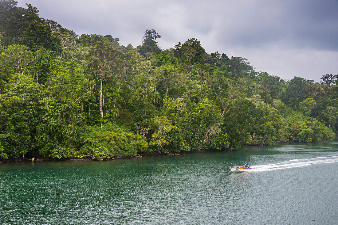 Little boat on a river in the jungle of Manus or Admirality islands, Papua New Guinea