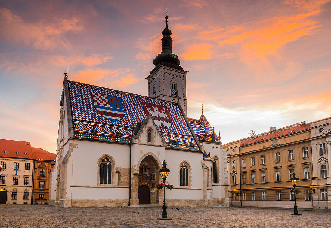 St. Mark's church on Market Square at dawn, Government Quarter, Upper Town, Zagreb, Croatia, Europe