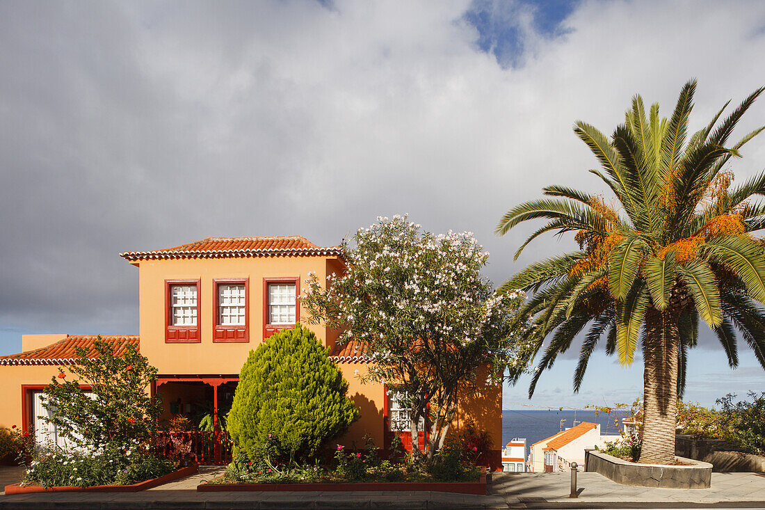 Haus mit kanarischer Palme, San Andres, Dorf, San Andres y Sauces, UNESCO Biosphärenreservat, La Palma, Kanarische Inseln, Spanien, Europa
