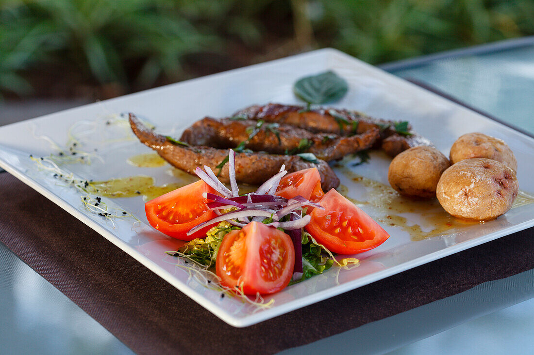 plate, Lamb filet with honey and basil, papas arrugadas, patatoes, food, restaurante, La Placita, San Andres, San Andres y Sauces, UNESCO Biosphere Reserve, La Palma, Canary Islands, Spain, Europe