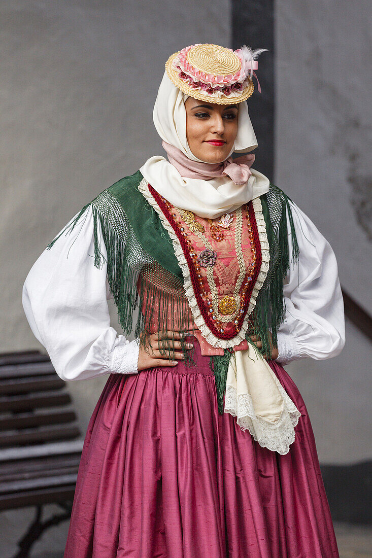 woman, costumes show, folk group, Plaza de Espana, town hall square, Santa Cruz de La Palma, capital of the island, UNESCO Biosphere Reserve, La Palma, Canary Islands, Spain, Europe