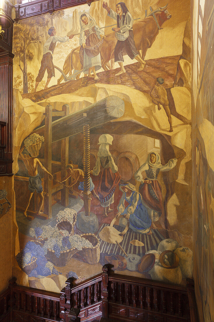 wall painting, staircase, town hall, inside, Santa Cruz de La Palma, capital of the island, UNESCO Biosphere Reserve, La Palma, Canary Islands, Spain, Europe