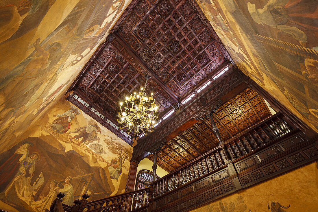 Mudejar-style wooden panaled ceiling, town hall, inside, Santa Cruz de La Palma, capital of the island, UNESCO Biosphere Reserve, La Palma, Canary Islands, Spain, Europe