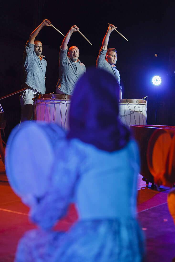 open air concert, drums, music group, Plaza de Santo Domingo, square, Santa Cruz de La Palma, capital of the island, UNESCO Biosphere Reserve, La Palma, Canary Islands, Spain, Europe