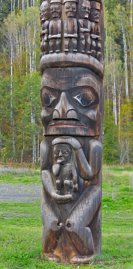 Traditional wood totem pole near Gitanyow, British Columbia, Canada