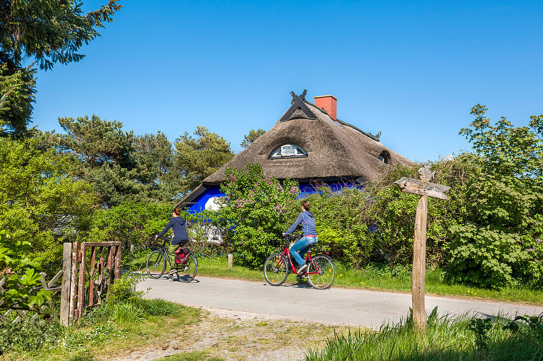 Radfahrer, Blaue Scheune, Vitte, Insel Hiddensee, Mecklenburg-Vorpommern, Deutschland