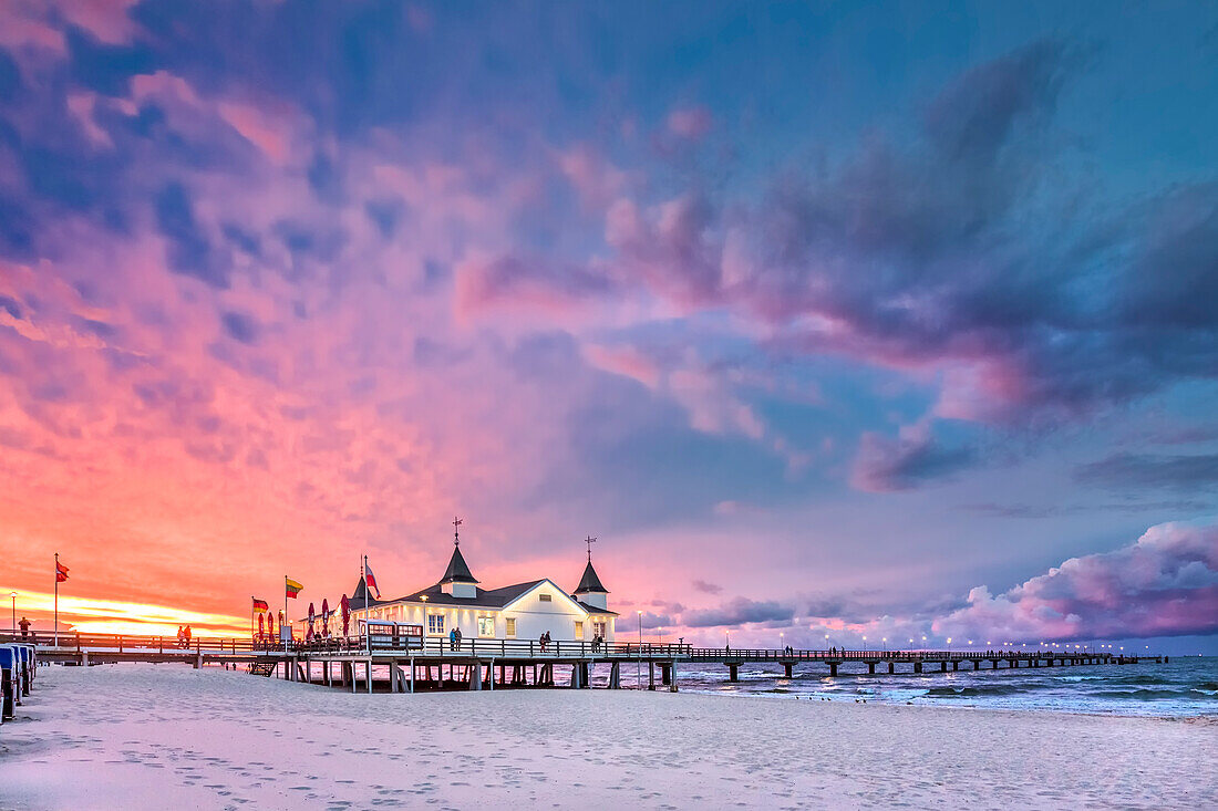 Pier at sundown, Ahlbeck, Usedom island, Mecklenburg-Western Pomerania, Germany