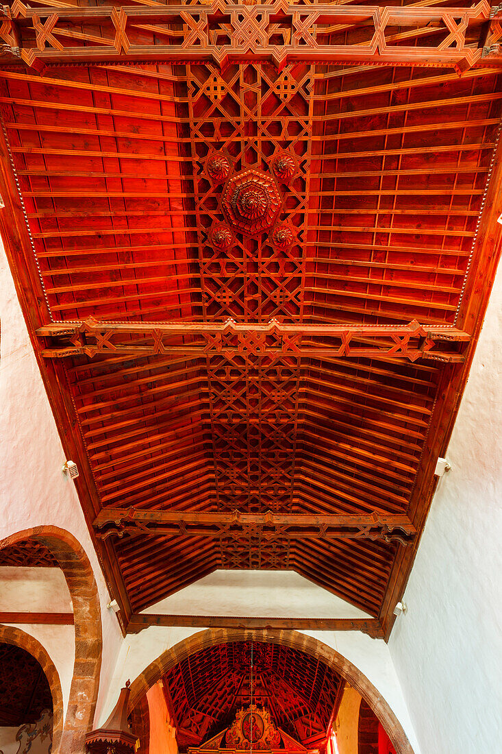 Mudejar-Kasettendendecke, Iglesia Nuestra Senora de la Luz, Kirche, 16./17.Jhd., Santo Domingo de Garafia, UNESCO Biosphärenreservat, La Palma, Kanarische Inseln, Spanien, Europa