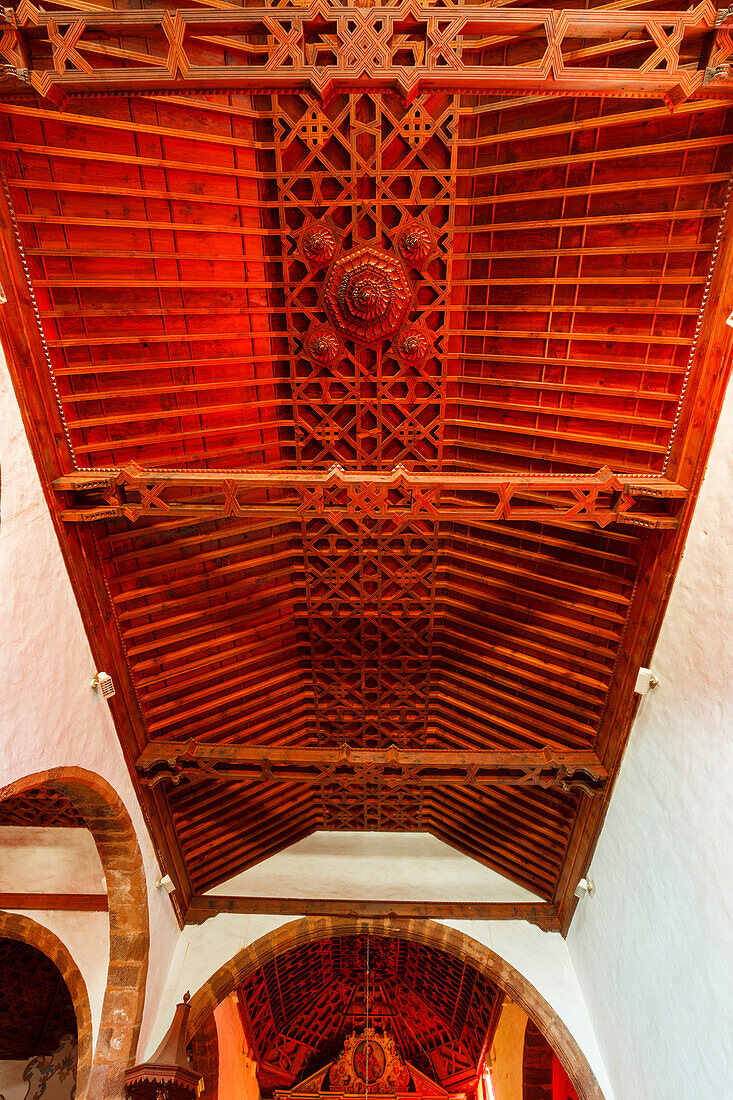 Mudejar style wooden panaled ceiling, Iglesia Nuestra Senora de la Luz, church, 16th./17th. century, Santo Domingo de Garafia, , UNESCO Biosphere Reserve, La Palma, Canary Islands, Spain, Europe