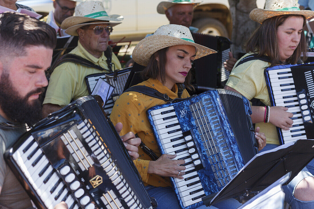 folk music band, livestock fair in San Antonio del Monte, Garafia region, UNESCO Biosphere Reserve, La Palma, Canary Islands, Spain, Europe