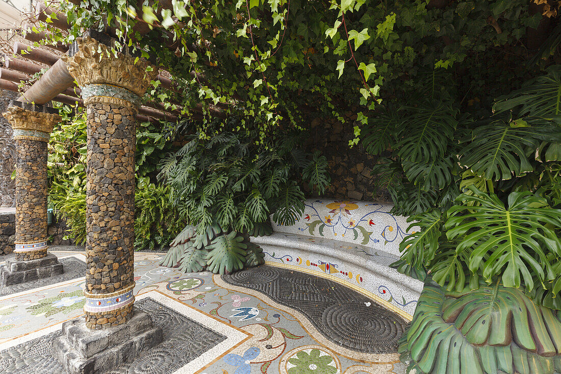 bench, mosaic by the artist Luis Morera, La Glorieta, parc, square, Las Manchas, UNESCO Biosphere Reserve, La Palma, Canary Islands, Spain, Europe