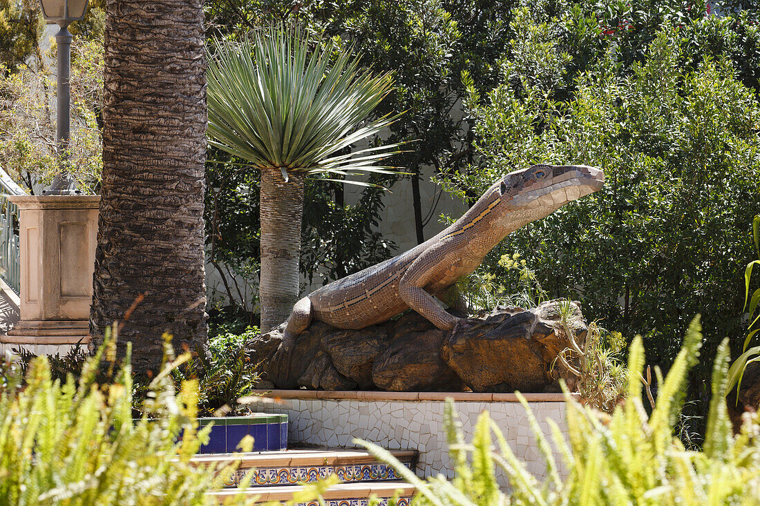 lizard sculpture, El Jardin de las Delicias, Parque Botanico, town parc, designed by the artist Luis Morera, Los Llanos de Aridane, UNESCO Biosphere Reserve, La Palma, Canary Islands, Spain, Europe