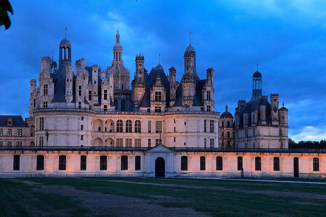 Chambord, Chambord Castle, Chateau de Chambord, Dusk, Loir et Cher, Loire Valley, Loire River, Val de Loire, UNESCO World Heritage Site, France.