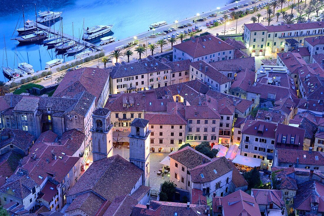 View of rooves of Kotor and its harbour, Kotor, Montenegro